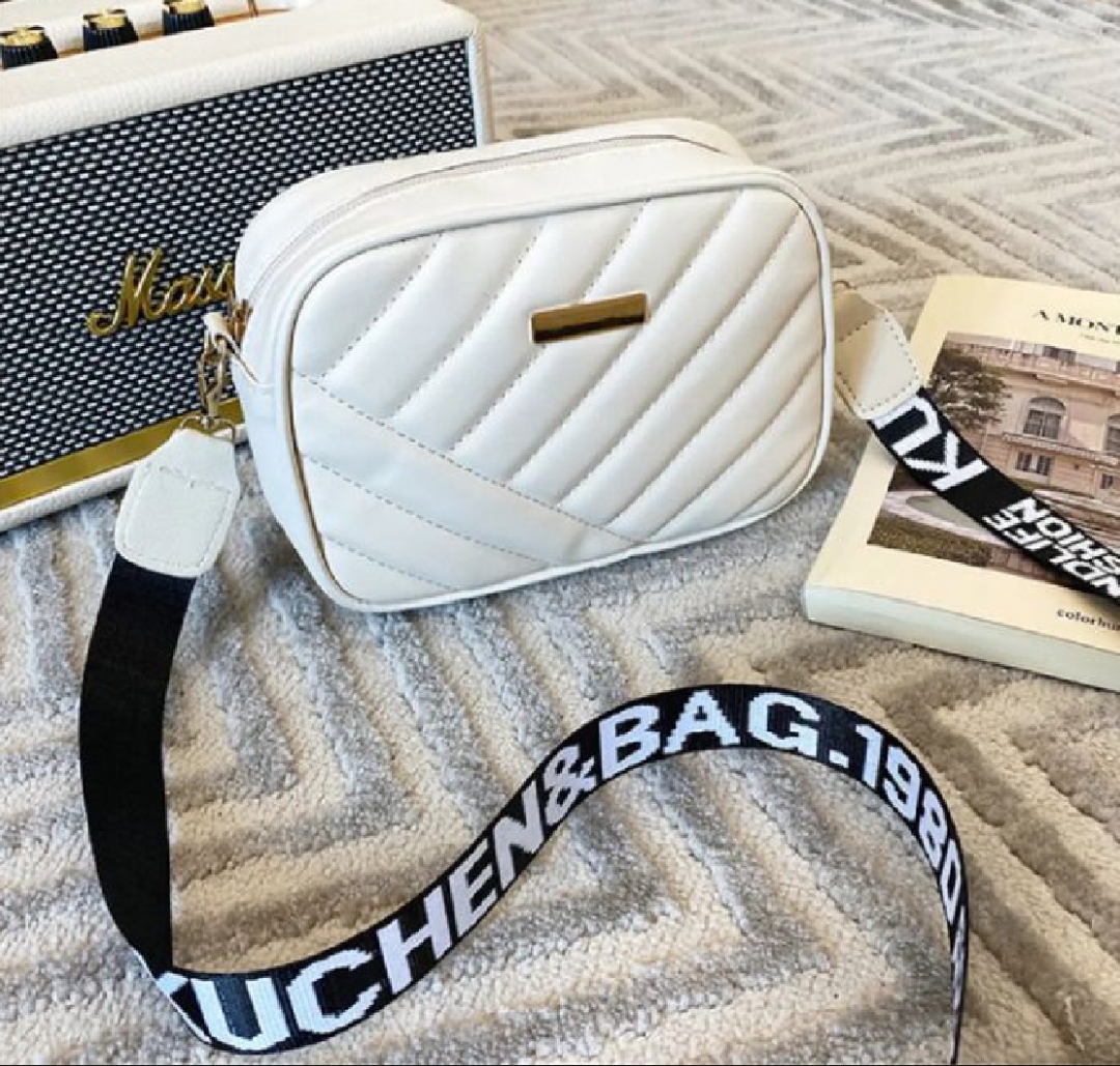 Quilted Crossbody Bag for Women with Logo Strap - Elegant Solid Pattern Shoulder Sling Purse