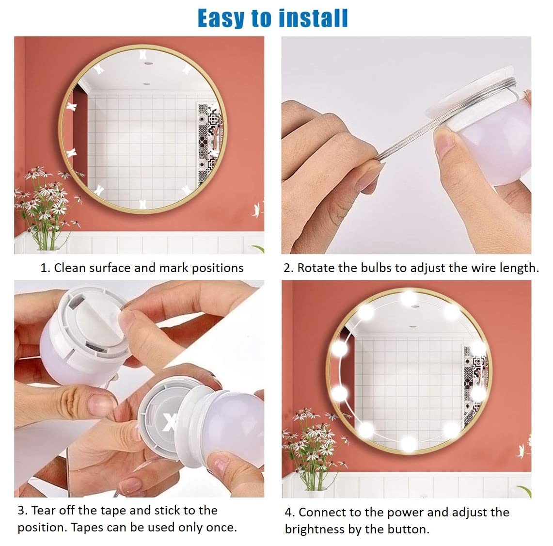 Hollywood Style Vanity Mirror Lights Kit, Adjustable Color and Brightness with 14 LED Light Bulbs, Lighting Fixture Strip for Makeup Vanity Table Set in Dressing Room (Mirror Not Include)