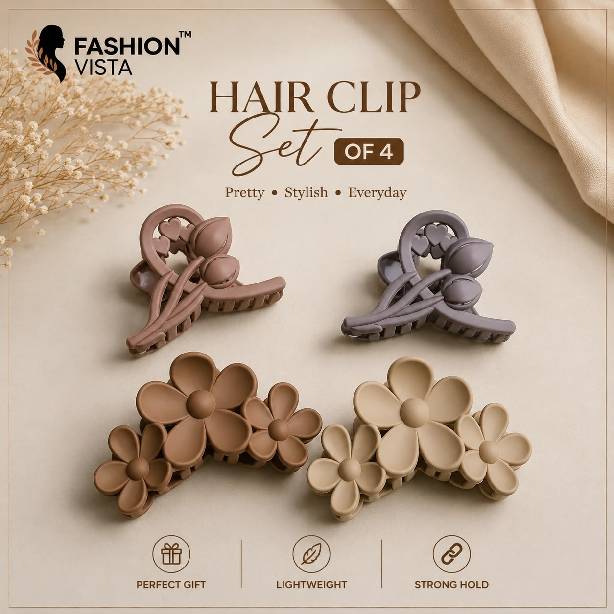 4 PCs Matte Hair Claw Clip Set for Women & Girls | Strong Hold Large Hair Clamp | Korean Style French Hair Clip | Thick & Thin Hair | Fashion Vista