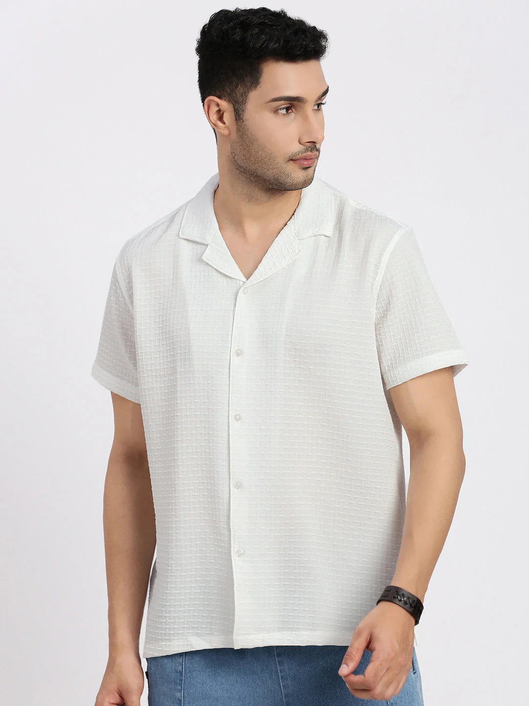 Summer Men's White Comfort Cuban Collar Solid Crepe Relaxed Fit Casual Shirt for Men