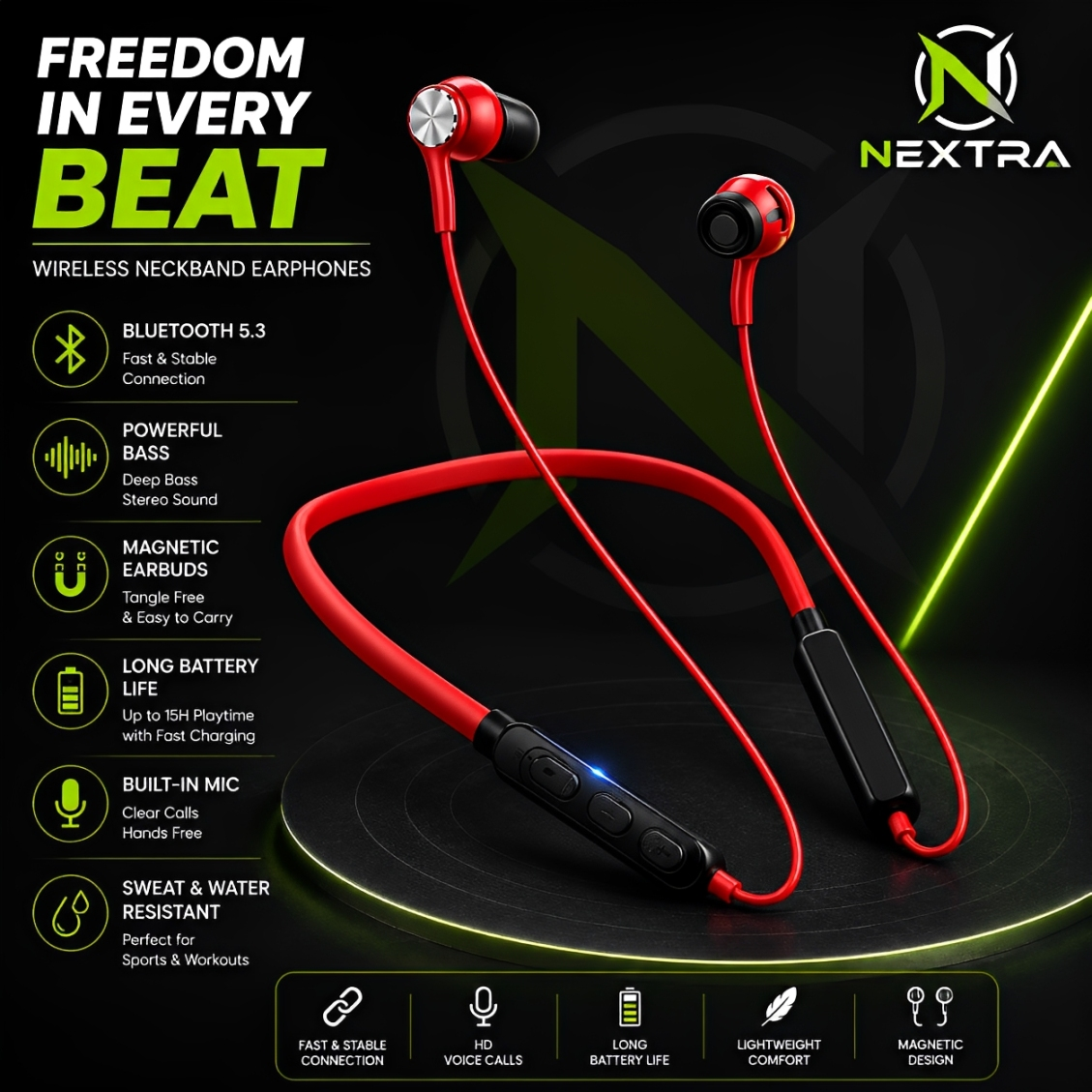 R64 Wireless Bluetooth Neckband Earphones | HD Stereo Audio | Magnetic Earbuds | Hands-Free Calling | Long Lasting Battery | Lightweight Sports Design | Compatible with All Bluetooth Devices.