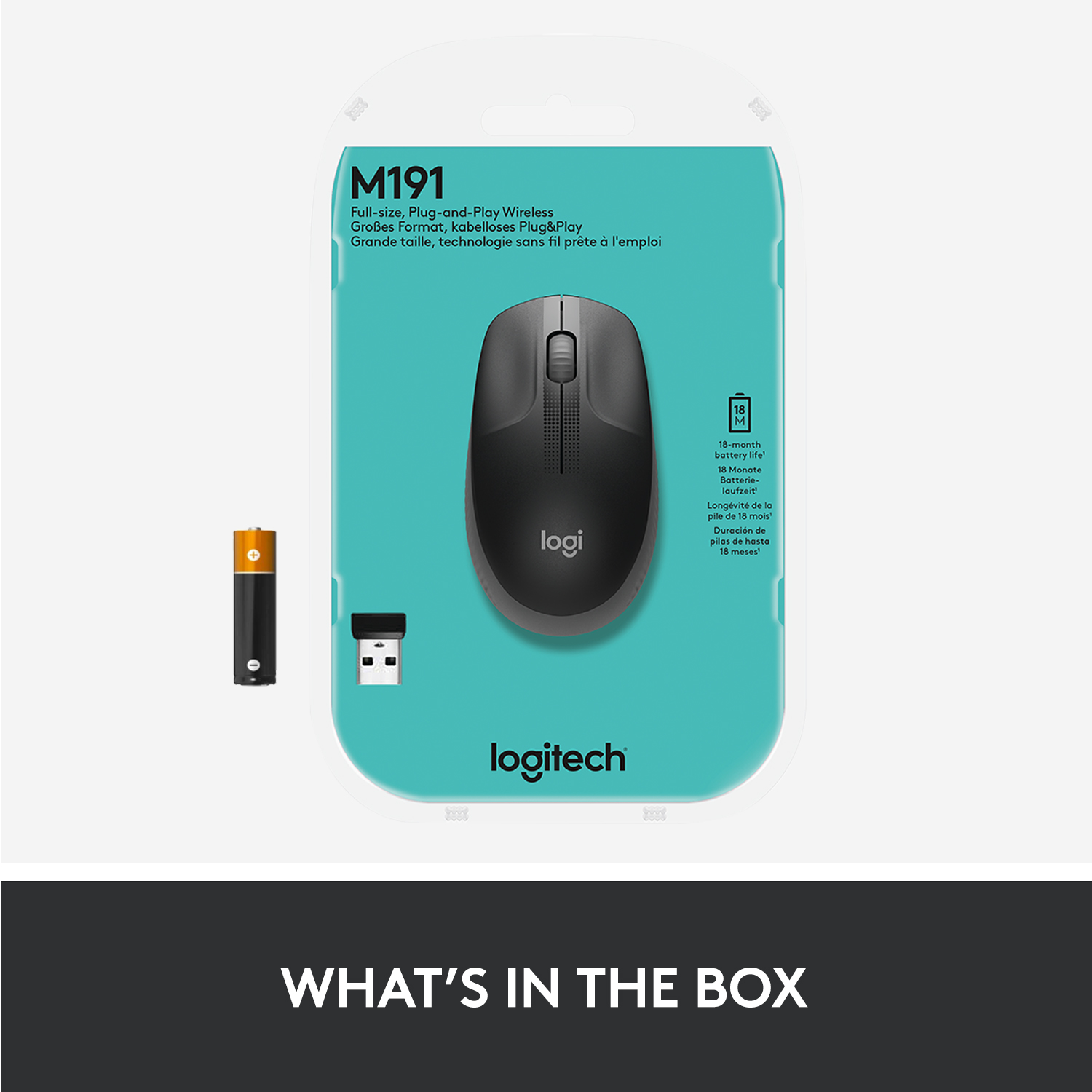 Logitech M191 Full-Size Wireless Mouse (Mid Grey)