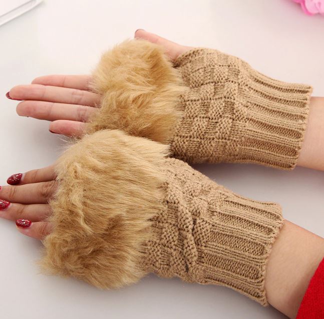 ENRAX CART Winter Solid Color Faux Rabbit  Gloves Arm Sleeve Cover Warmer Fingerless Wrist Gloves Knitted Mitten Fashion Women Gloves