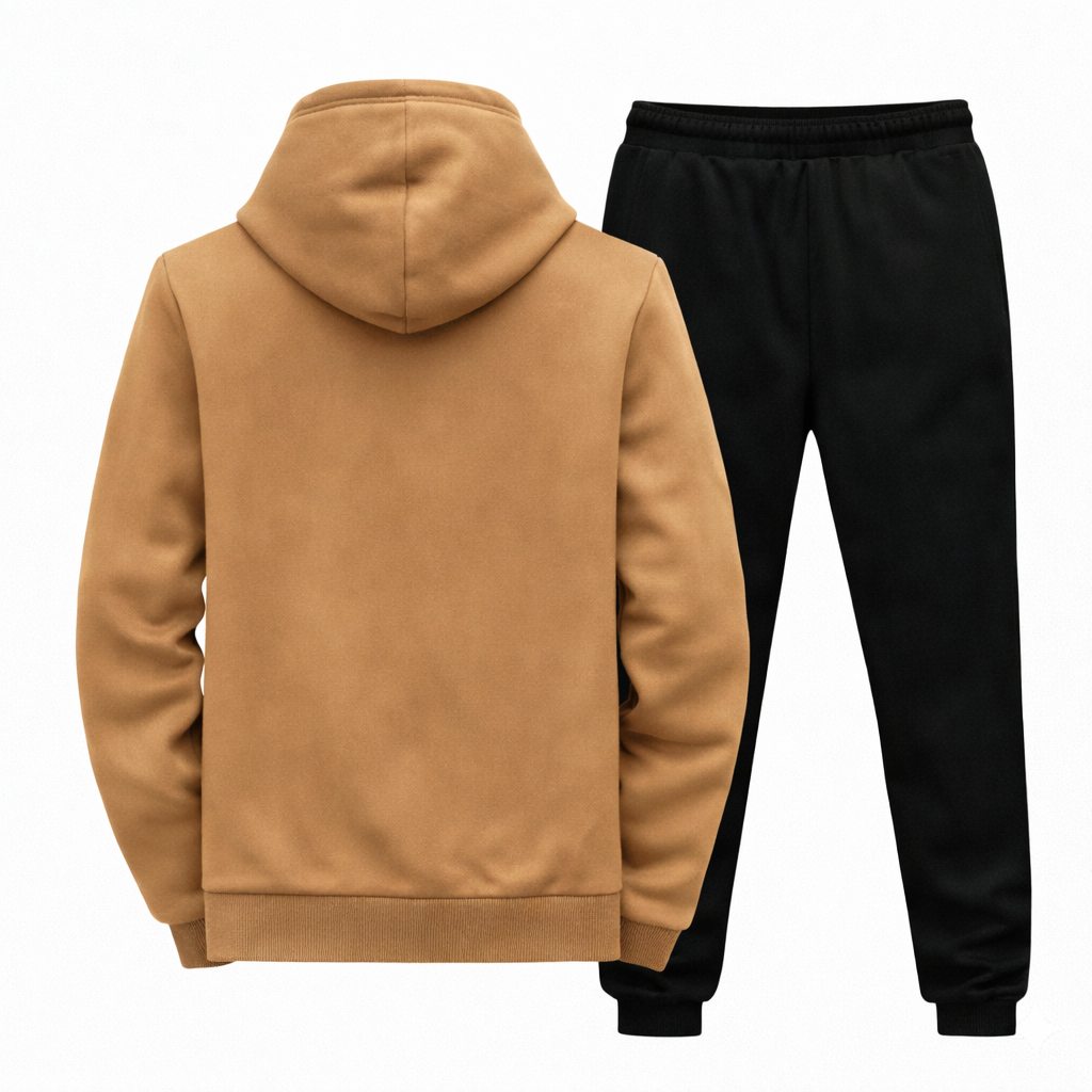 Men’s 2 PCS Premium Winter Tracksuit – Camel Brown Hooded Jacket & Black Jogger Trouser