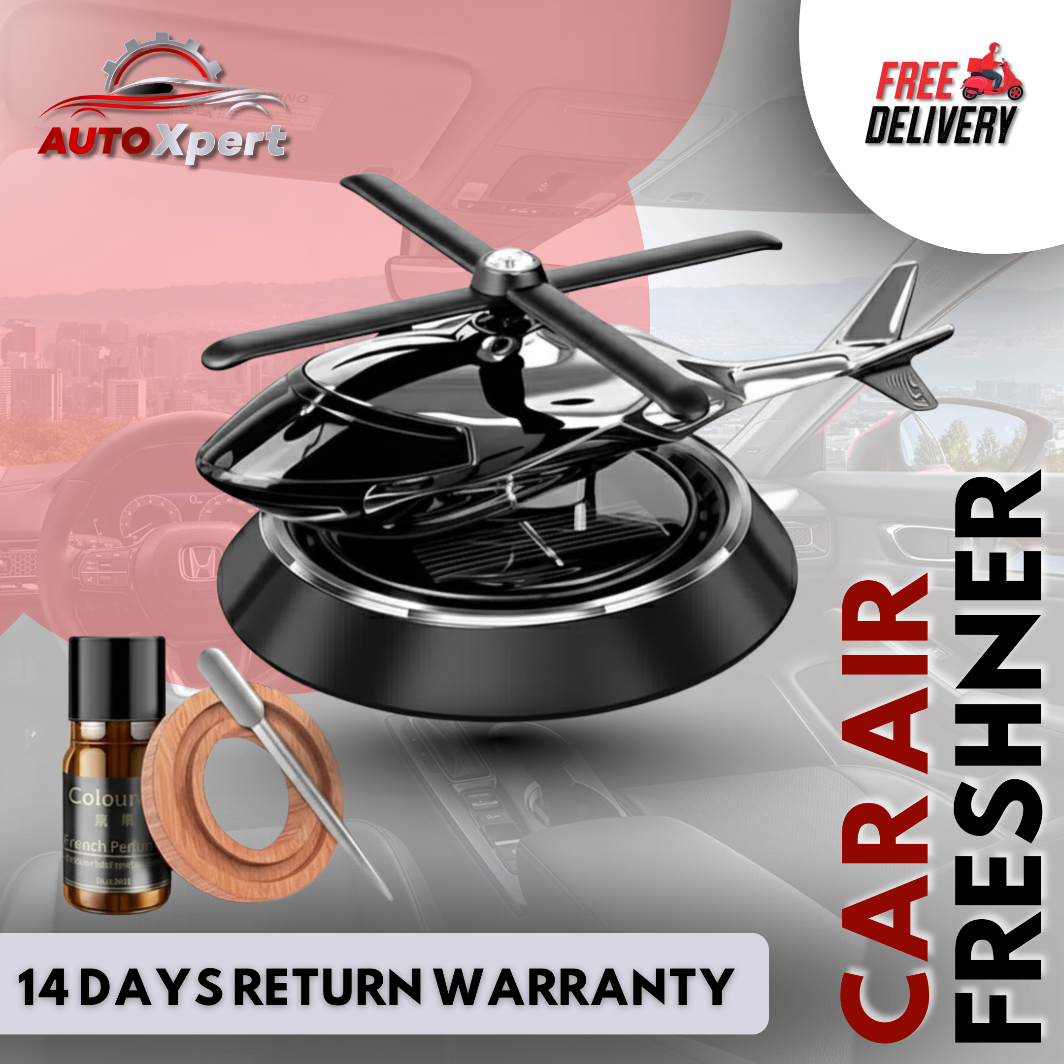 AutoXpert Helicopter Car Air Freshener - Silver Rotating Propeller Solar Powered Car Dashboard Accessories - Long Lasting Car Scent Freshener  - Interior Car Dashboard  Decoration Aromatherapy Perfume Diffuser - Durable Car Accesories
