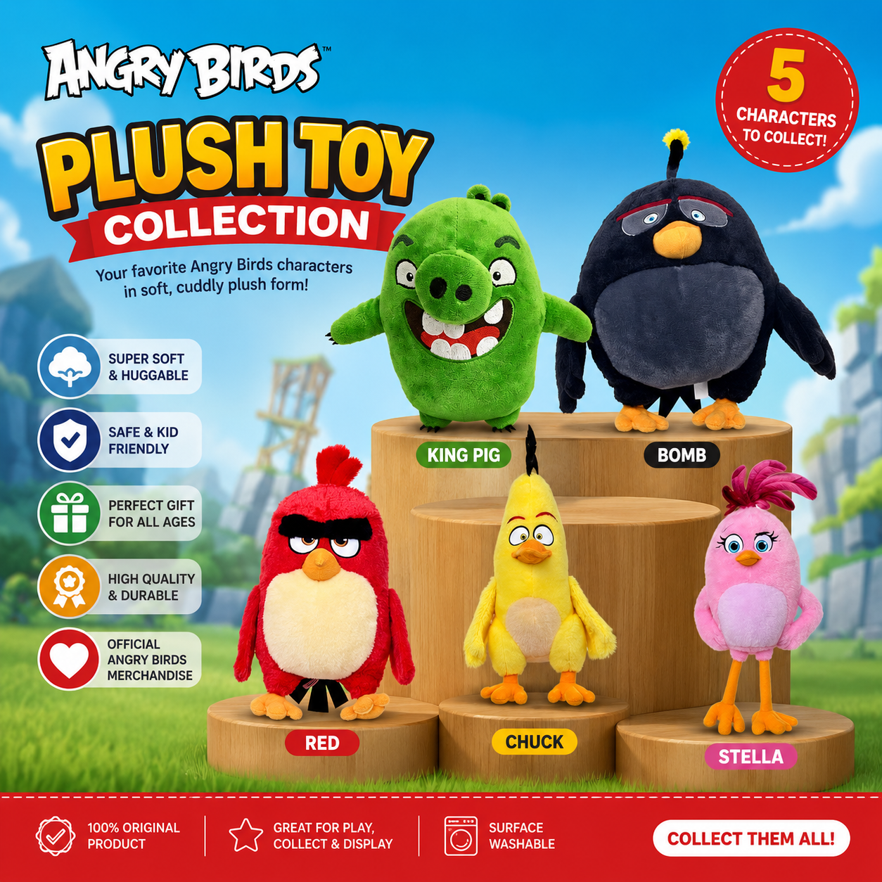 Angry Birds Plush Toy Collection – Soft Stuffed Bird & Pig Plush Dolls for Kids | Red, Chuck, Stella,& King Pig | Cute Cuddly Gift Toy