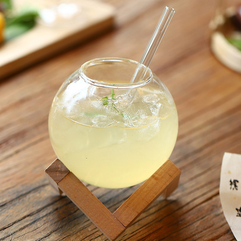 Cocktail Glass Cup With Wood Stand Creative Bar Glassware Drink Ronud Ball Mug Fruit Moon Juice Tumbler