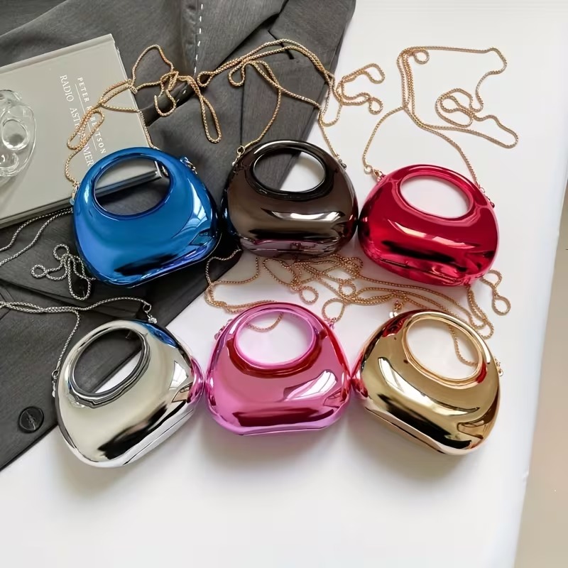 mini acrylic clutch half moon dsign shoulder bag for girlsMini Crescent Dinner Bag, Textured Acrylic Shoulder Chain Crossbody Purse, Clutch Alternative, Evening Bag, Creative Design, Stylish Crossbody, Lightweight Purse, Detachable Strap, Chain Strap Bag,