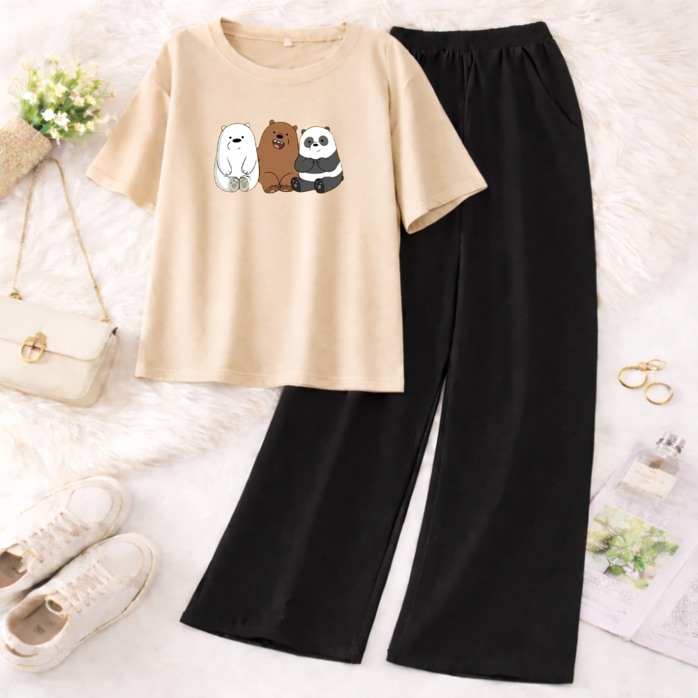 ZRK Garments -  2 Piece Set For Women 3 Bears Printed Half Sleeves T Shirt with Trouser Soft Jersey Fabric Casual Daily Wear For Girls and Kids