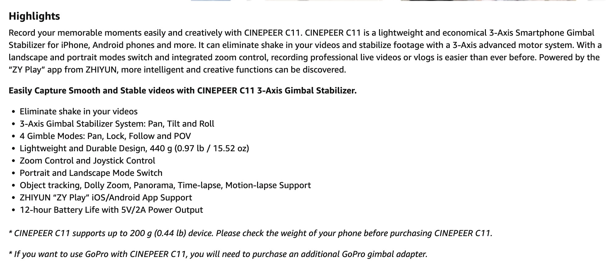 CINEPEER Phone Gimbal, 3-Axis Gimbal Stabilizer for iPhone 12/11/X/XS,  Samsung Android Phone, ZY Play App Support, Smooth Video Gimbal - CINEPEER  C11