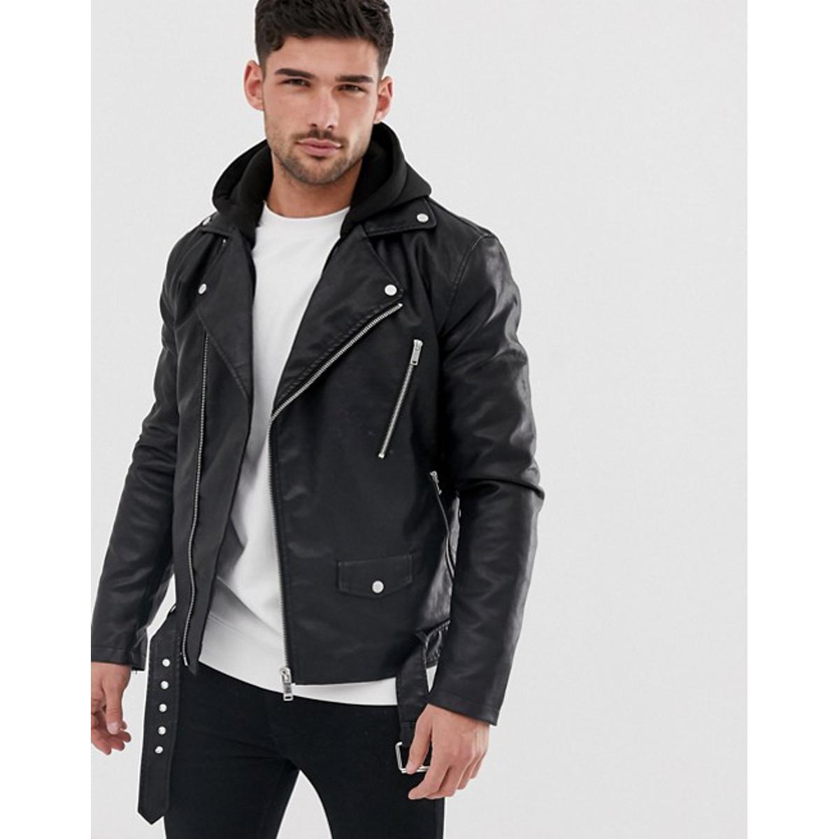 Shop Mart Faux Leather Biker Jacket With Hood In Black
