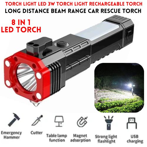 Multifunction 8 in 1 Portable LED Flashlight Rechargeable LED Torch &  Emergency Tool With Window Breaker Hammer | Flashlight Household Rechargeable Ultra Strong Outdoor Bright LED Flashlight