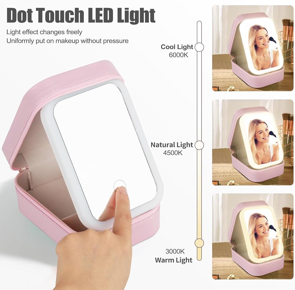 LED Makeup Mirror Pouch Cosmetic Storage Bag with Touch Sensor Mirror | 3 Color Light Modes | Adjustable Brightness | Travel Makeup Organizer Case