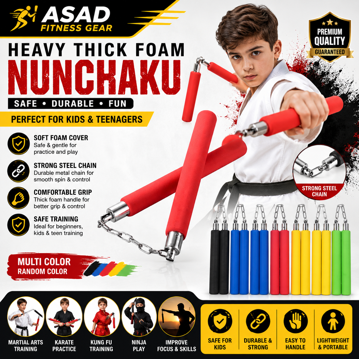Heavy Thick Foam Nunchaku for Kids & Teenagers | Steel Chain Training Nunchucks | Safe Martial Arts Practice Stick | Karate Kung Fu Ninja Toy | Multi Color