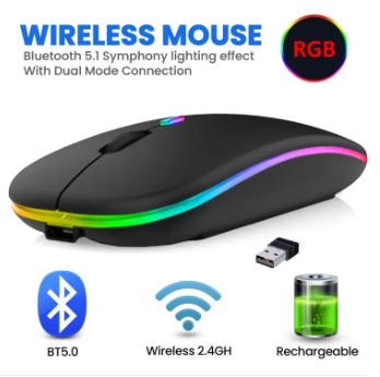 Rechargeable Wireless Bluetooth Gaming Mouse RGB with adjustable DPI ~ Silent Click, Ultra-thin Mini Wireless 2.4G Optical Mouse for Laptop, PC, Computer