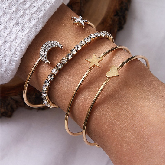 4PCS Delicate Star Moon Crystal Open Bangle Bracelet For Girls Birthday Gifts
