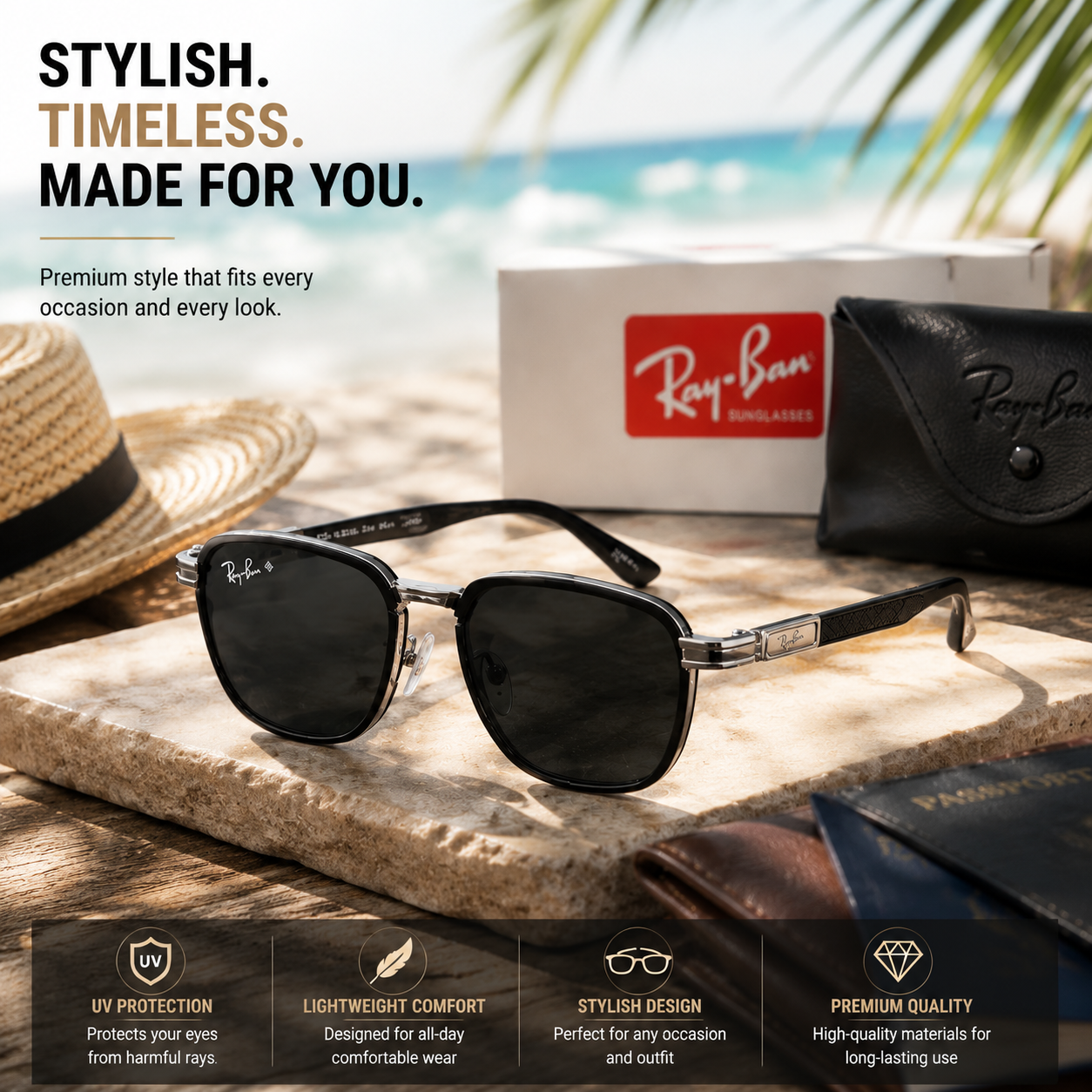 Premium Men’s Sunglasses with Box & Pouch | Classic Black UV Protection Eyewear | Stylish Fashion Glasses for Men