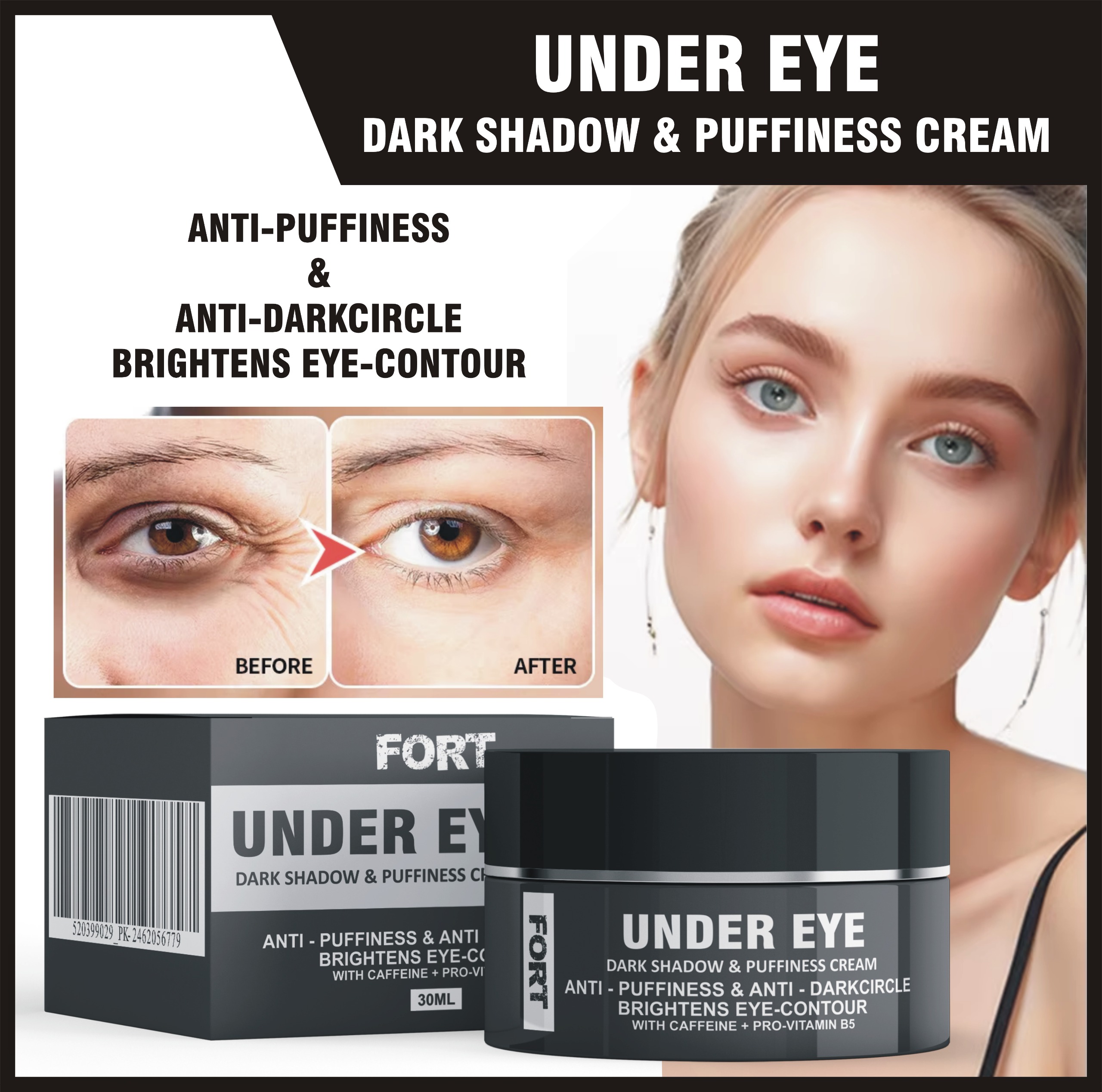 FORT Under Eye Cream | Anti-Puffiness & Anti- Dark Circles Brightness Eye -Contour Cream With Caffeine + Pro Vitamin B5