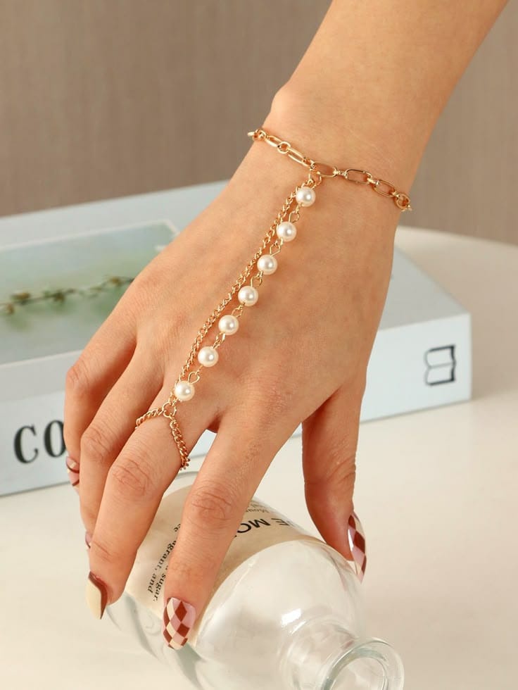 Elegant Gold Pearl Finger Bracelet | Vintage Hathphool Hand Harness for Women – Bridal & Party Jewelry