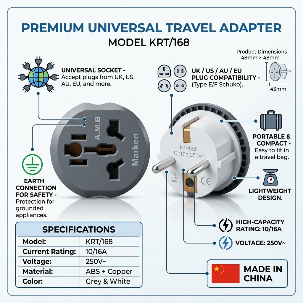 Universal Travel Adapter Plug KRT/168 | Universal Socket Adapter | 10/16A 250V EU 2 Pin Plug | Travel Plug Converter | UK US AU EU Compatible | Portable Adapter