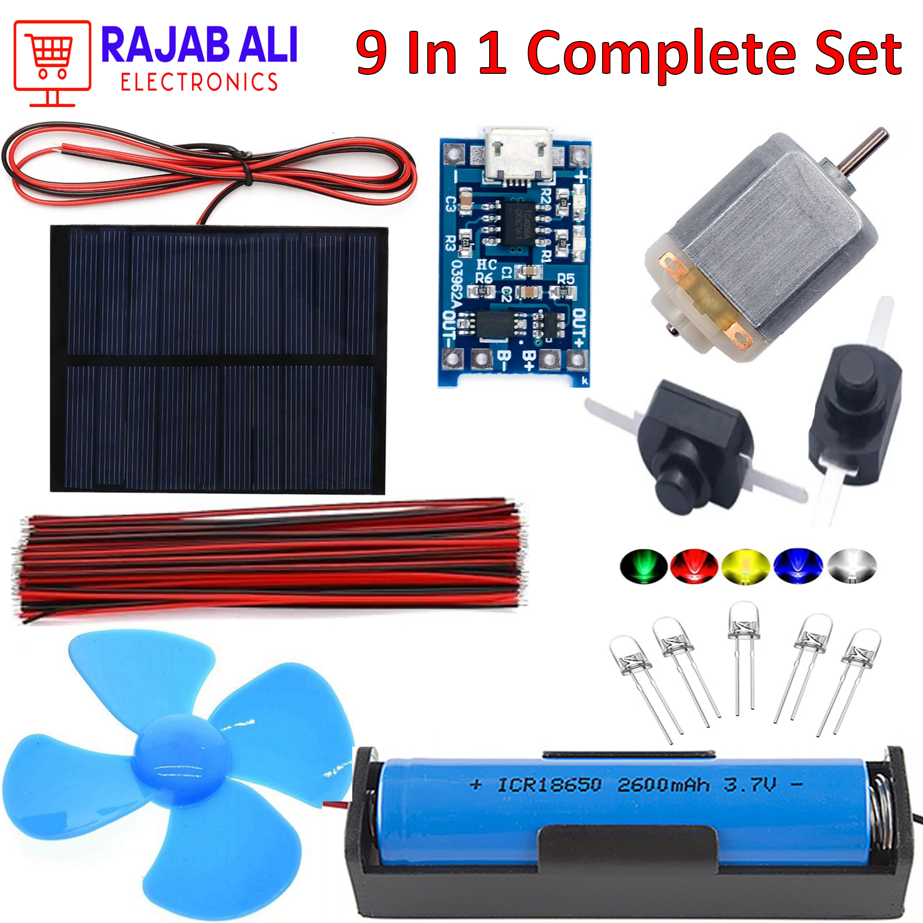 Kids DIY Solar Science Project Kit with 1V Solar Panel, TP4056, LED Lights, Motor, Battery, Switches - STEM Educational Toy for Ages 6+