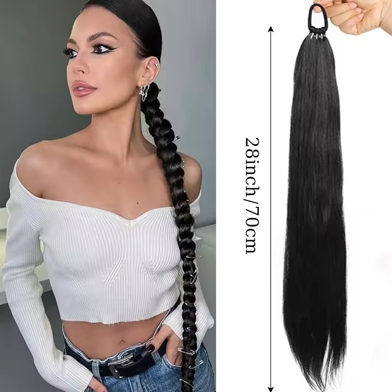 Ponytail Hair Extension for Girls – Hair Pony Extension with Elastic Bands, Straight 28 Inch Long - Natural Hair Color