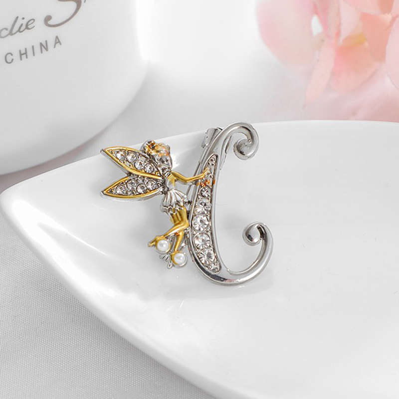 Crystal English Letter Brooch Elf Angel Lapel Pin Suit Shirt Collar