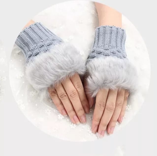 Fashion Women Faux Rabbit Fur Hand Wrist Warmer Winter Fingerless Knitted Gloves