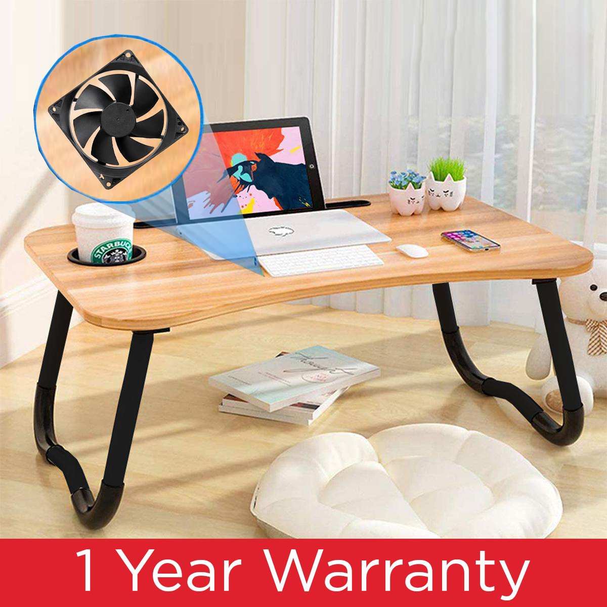 Gaming Laptop Table With Cooling Fan Dual High Speed Foldable Ergonomic Portable For Drawing Bed Notebook Reading Food Breakfast Serving With Inbuild Tablet And Cup Holder Slots For Bed Couch - Black Wooden Brown Pink