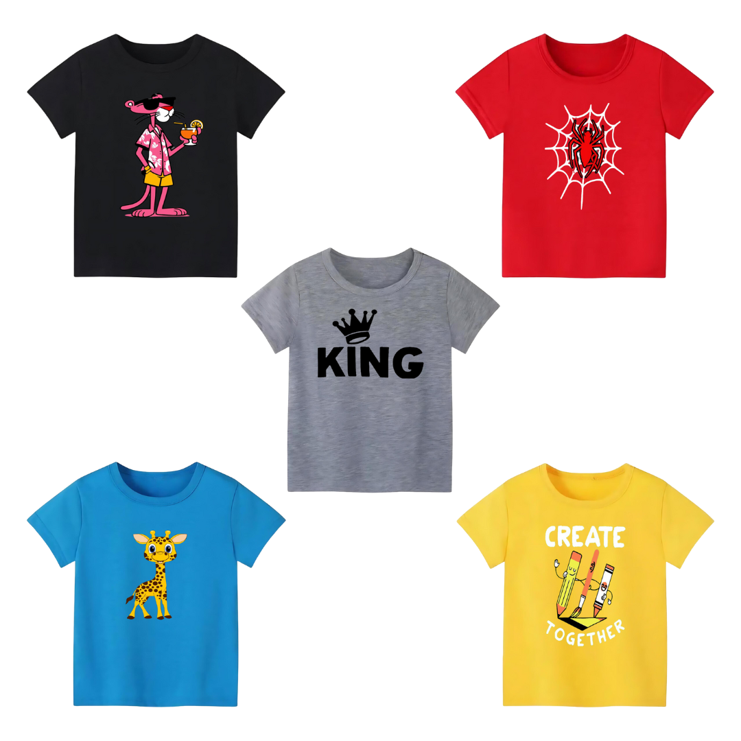 Chote Bachay Pack of 5 Printed T-Shirt - Premium Printed T-shirts For Teen Boys & Girls - High Quality T-shirts For Toddler Boys & Girls - 100% Cotton, High-Quality DTF Prints, Ages 6 Months to 12 Years, Free Delivery