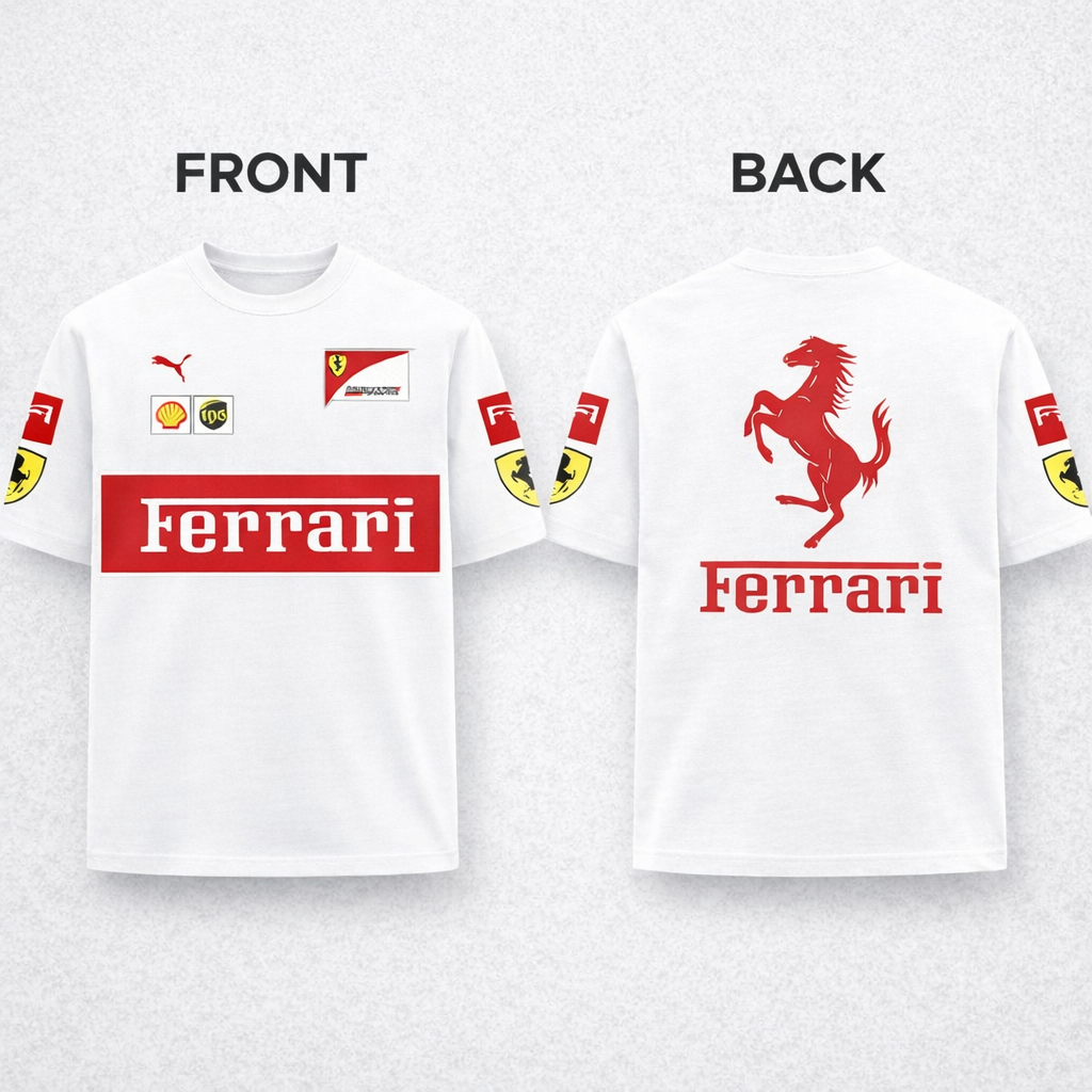 Ferrari Racing Drop Shoulder T-Shirt For Men Summer Cotton Fabric Streetwear Style White and Black Color
