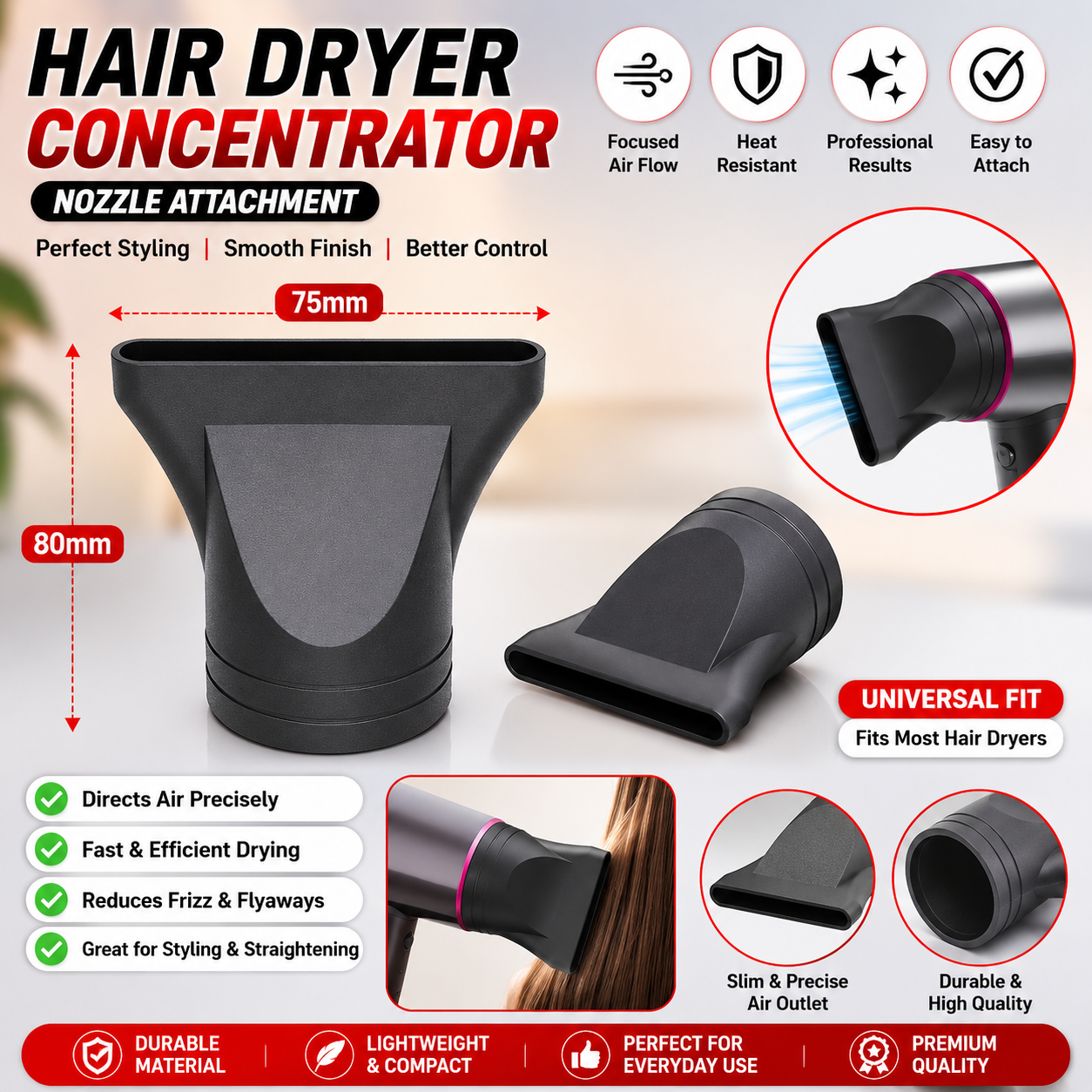 PACK OF 2 Plastic Flat Hair Dryer - universal nozzel - Narrow Concentrator Nozzle