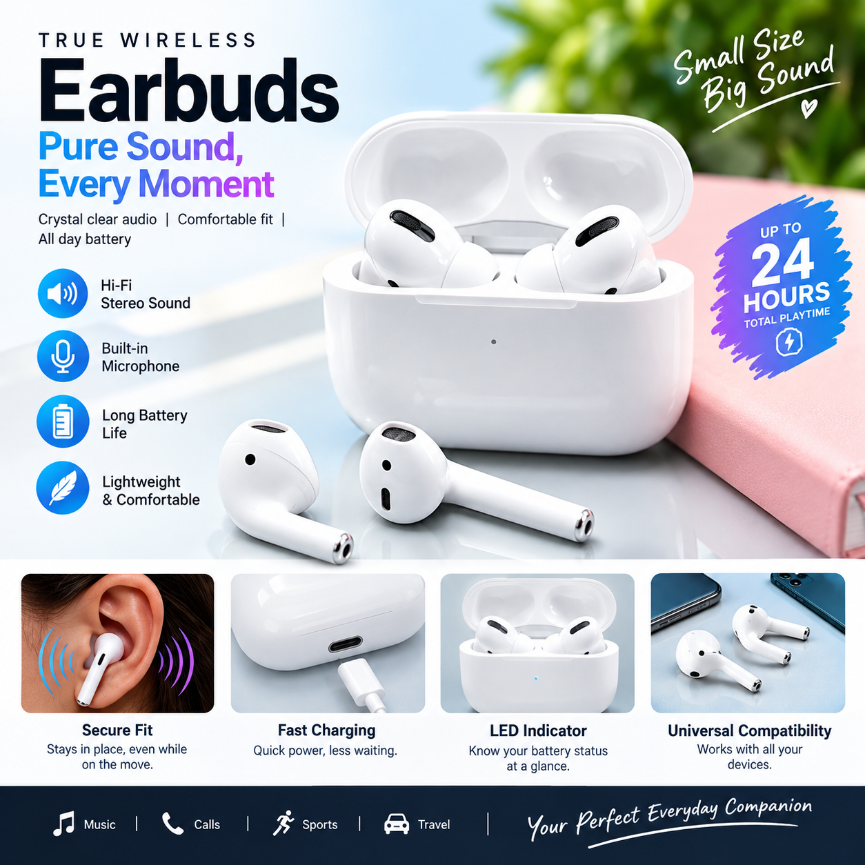Wireless Bluetooth Earbuds with Charging Case, Built-in Microphone, Portable Hands-Free Earphones for Music & Calls