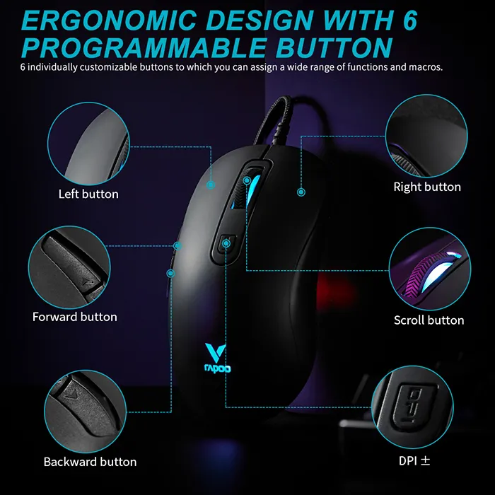 RAPOO V16RGB Optical Wired Gaming Mouse 12800 Dpi Ergonomic Design Onboard Memory 6 Programmable Buttons 12 4bd4ce00e55df512ca3f2ba7689d8475