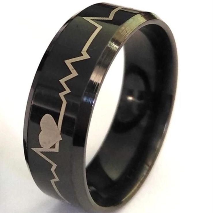 Heartbeat Laser Etched Engagement Band Rings For women and men ECG Rings Black Band