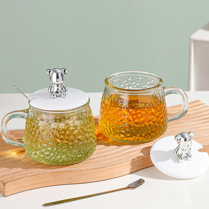 Bear Glass Cup 400Ml Hammer Pattern Coffee Cups Drinkware Tea Mugs With Handle Transparent Glass Cup With Lid
