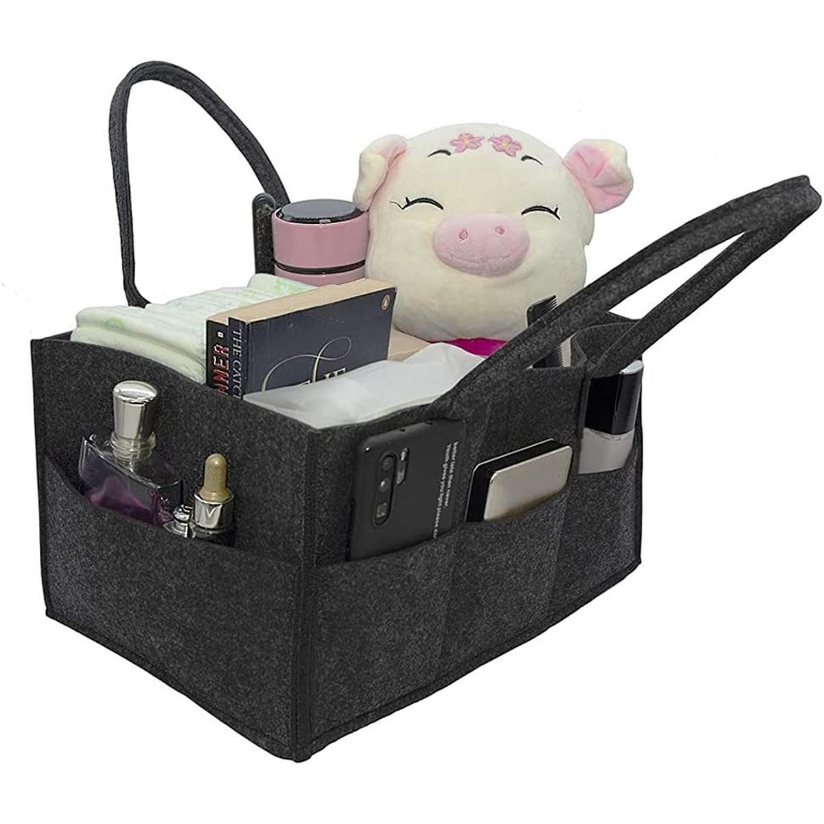 Baby Diaper Caddy Organizer, Foldable Felt Storage Bag with Multi Pockets and Flexible Compartments, Portable Car Travel Organizer for Changing Nappy, Wipes, Newborn Shower Gift