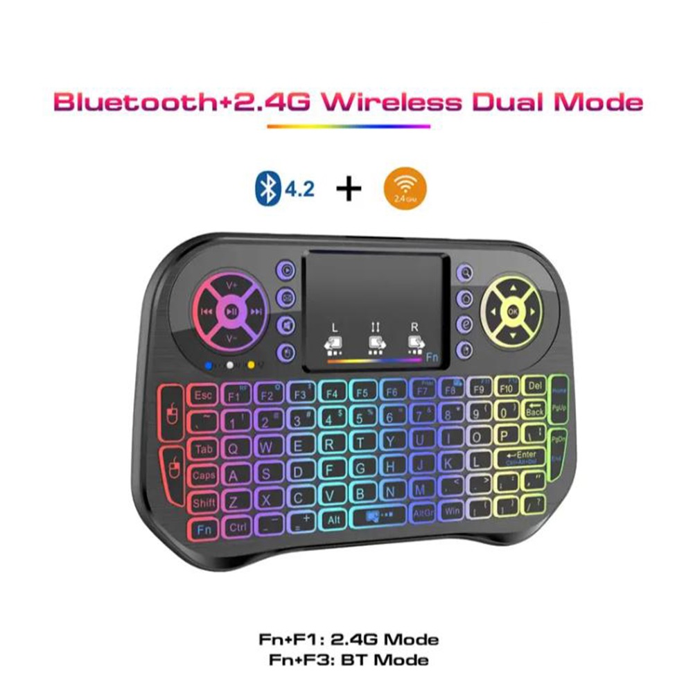 【Rechargeable】 RGB Mini 2.4GHz Wireless + Bluetooth Keyboard (Dual Mode) Support Air Touchpad Mouse Compatible with Android TV Box, Smart TV, PC, Mobile Phone, With USB Dongle by Al-Buraq Tech Zone