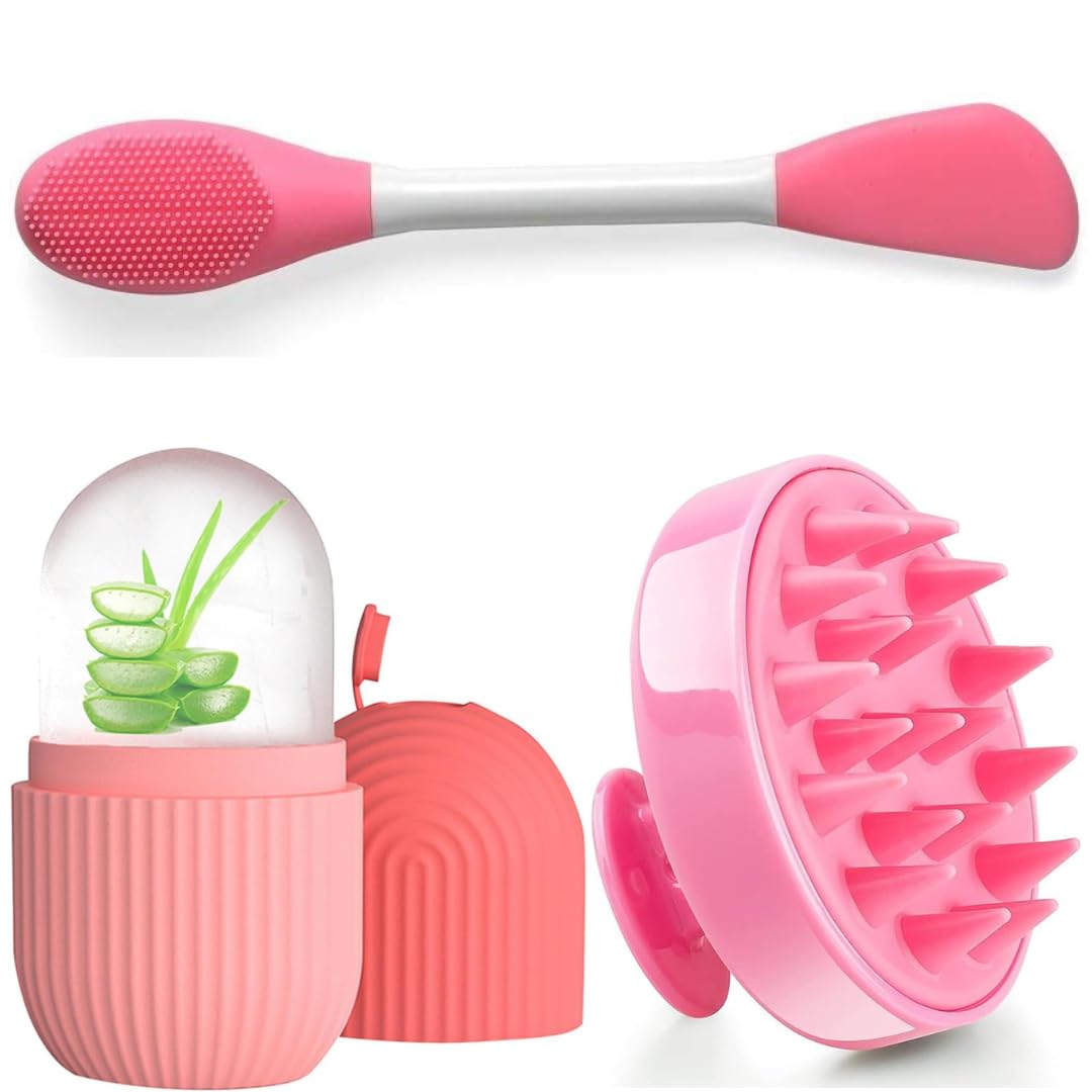 (Pack of 3) Hair Scalp Shampoo Massage Brush With 2-in-1 Silicone Face Mask Brush & Silicone Ice Roller Facial Massage For Cryotherapy - Beauty Skin Care Massage