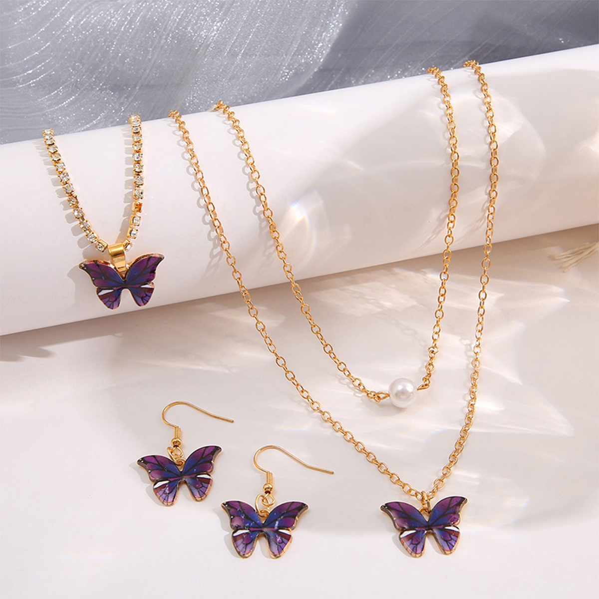 4PCS Jewelry Set for Girls Butterfly Necklace Earrings Bracelet Jewelry for Women, Oil Drop Chain Pendant Female Gifts