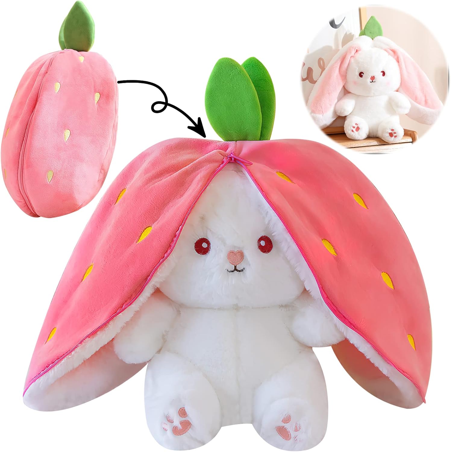 Rabbit Hide Hide, Strawberry Bunny Cushion Plush Toy, Easter Bunny Stuffed Plush Toy Rabbit, Rabbit Doll, Rabbit Plush Toy, Wrapped in Strawberry Gifts, 18 cm High (Rabbit)