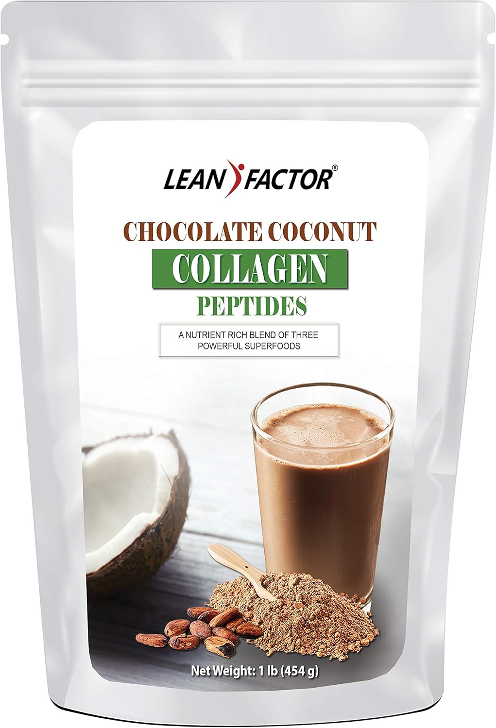 Chocolate Collagen Peptide Powder with A Hint of Creamy Coconut Milk - Sweetened with Stevia - High Protein & Low Carb - Keto & Paleo Friendly - All Natural, Non GMO & Gluten Free - 1 lb 454gm