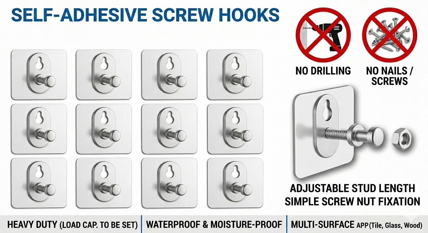 PACK OF 2 5 10 20 PCS Self Adhesive Screw Hook Stickers - Heavy Duty Transparent Wall Hanging Hooks - Drill & Nail Free Sticky Suction Cup Hanger for Kitchen & Bathroom