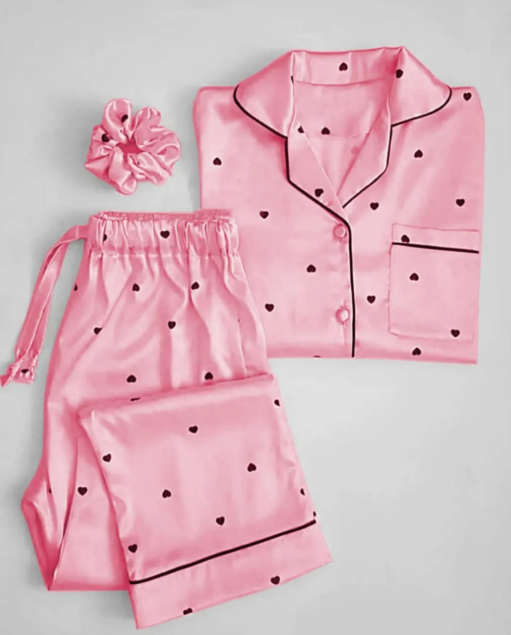 Hearts Printed Ladies Silk Night Suit For Women (Sleep Wear) 2-Piece Shirt & Trouser Night Dress For Girls