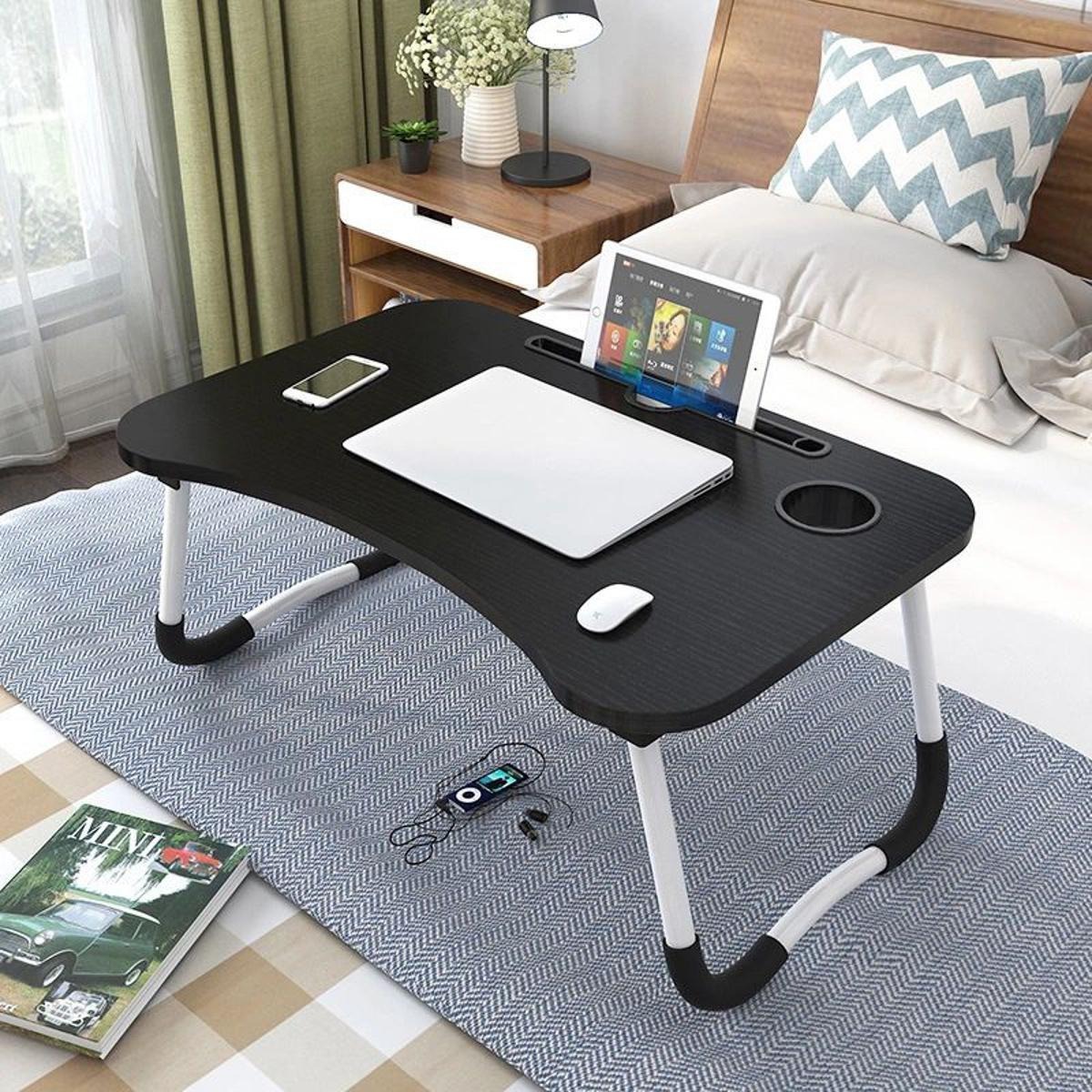 Laptop Table Wooden Gaming Laptop Table With Engraved Cup Holder and Tablet Slot For Bed Foldable Stand Ergonomic Portable Drawing Notebook Reading Food Breakfast Serving Sure Shop