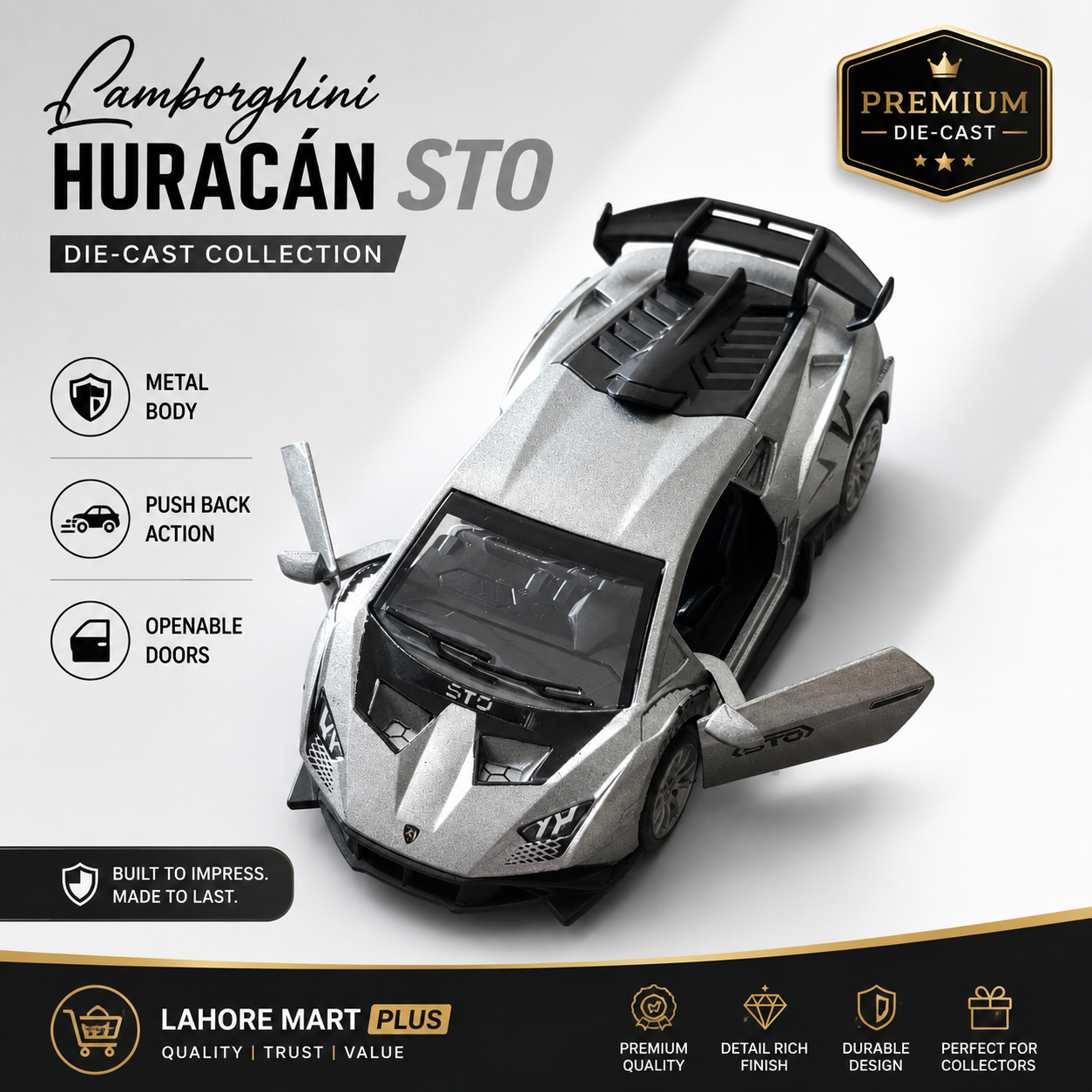 Silver Lamborghini Huracán STO Diecast Metal Pull Back Action Toy Car with Opening Doors - Durable Miniature Vehicle Model