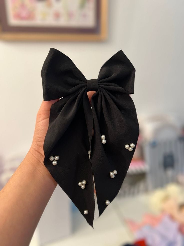 Elegant Black silk and  Pearl Hair Bow Clip for Girls & Women – Stylish Hair Accessory 2025