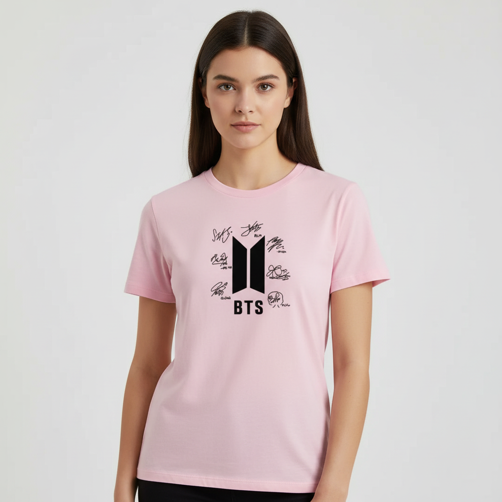 Stylish BTS Signatures printed round neck half sleeves T shirt For Girls/Women