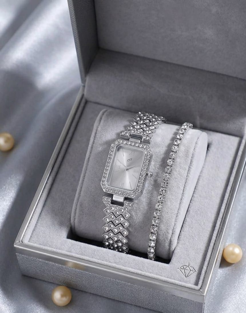Rectangle Shape Watches in Rhinestone Blended Stainless Steel Jewelry Chain - Stylish Diamond Crystal Wrist watch For Girls With Bracelet Fashion Watch for Women's & Ladies - Premium Stylish Strap With Box For Gifts