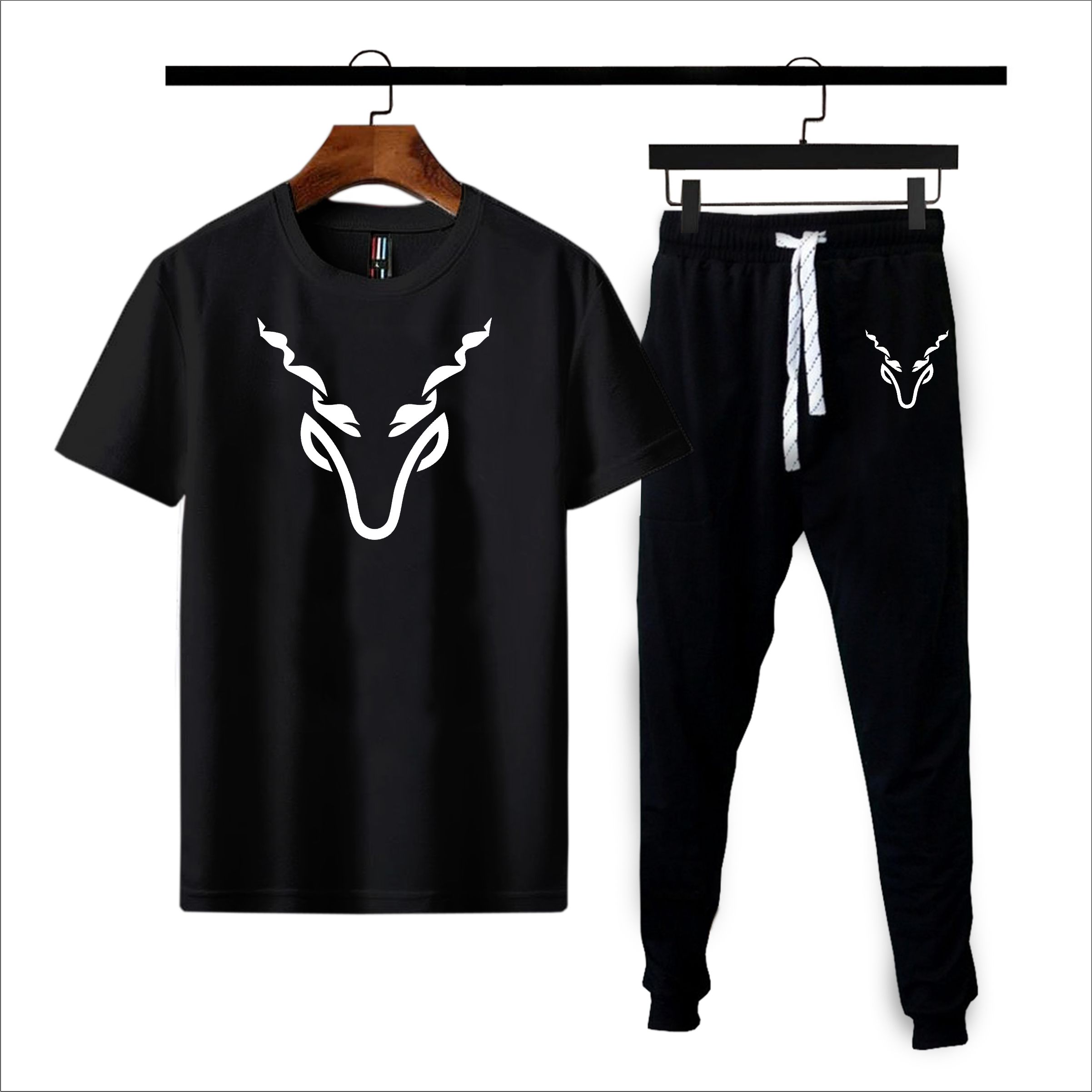 Markhor printed half selvees track suit for men(t-shirt+trouser)-Black